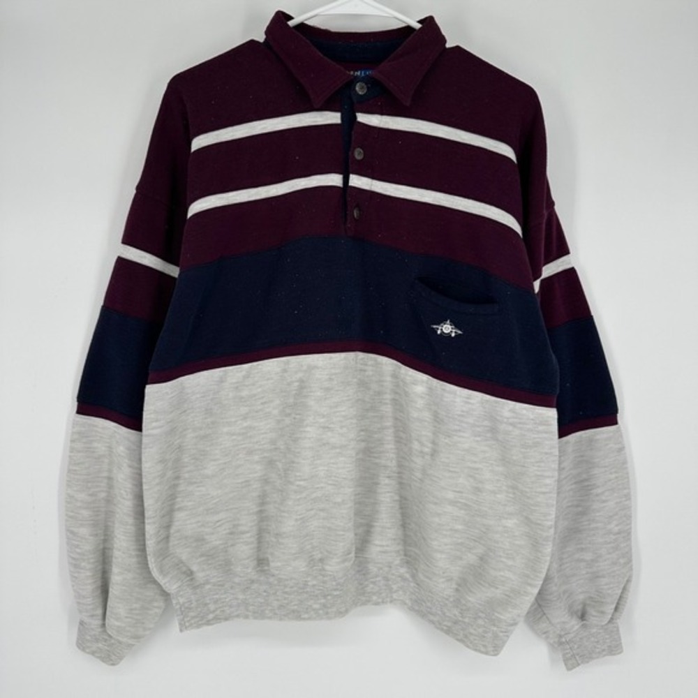 Vintage 80s 90s Green Line Colorblock‎ Polo Sweatshirt Burgundy Navy Airplane